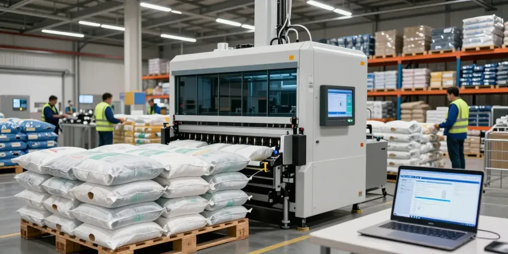 Efficient automatic bag palletizer machine stacking bags in a modern warehouse.
