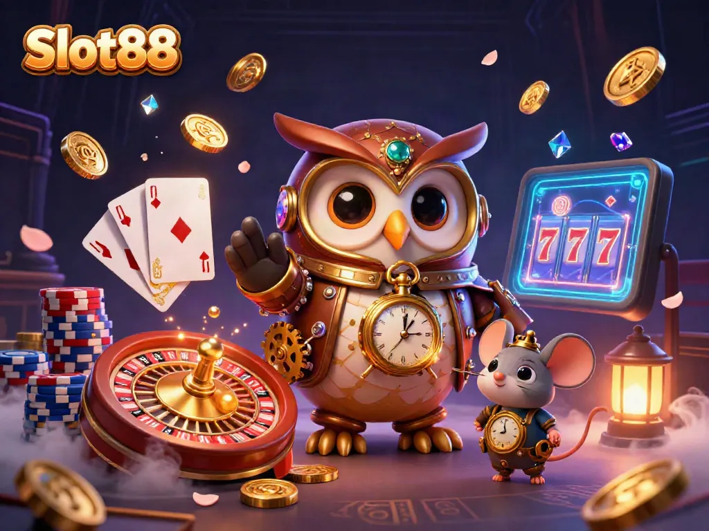 Experience immersive luck with Slot88 in a vibrant 3D gaming scene filled with casino elements.