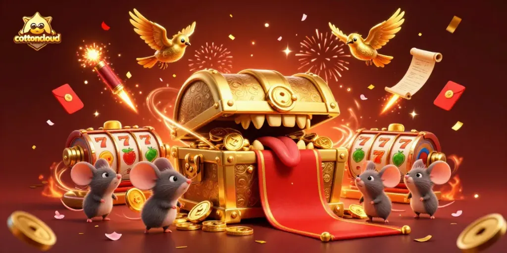 Cottoncloud entices adventurers as golden treasure awaits in this vibrant casino-themed illustration.