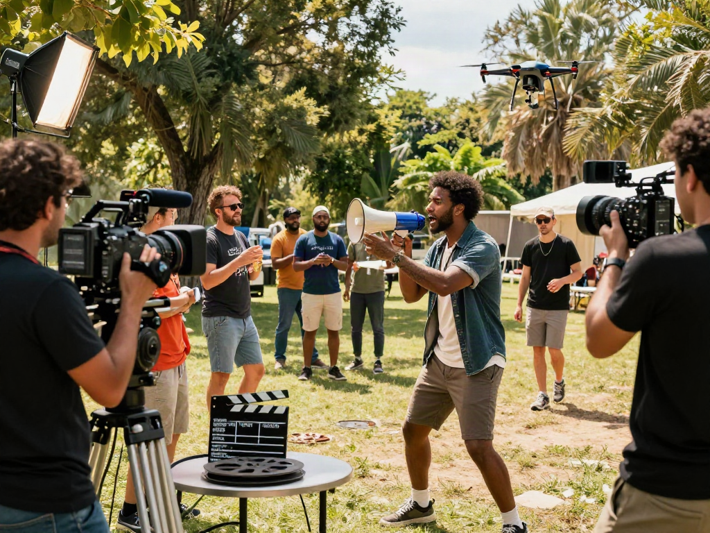Filmyzilla filmmaker directing outdoor scene with diverse cast and crew in an engaging film set atmosphere.