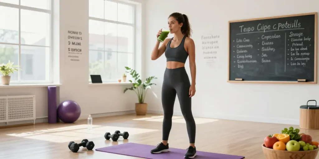 Lipo C peptide high quality smoothie preparation in a vibrant wellness studio with energetic atmosphere.