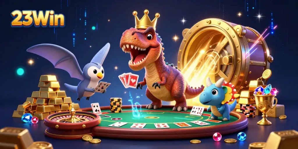Experience exhilarating gaming action with 23Win’s vibrant 3D illustration of dinosaurs at the casino.