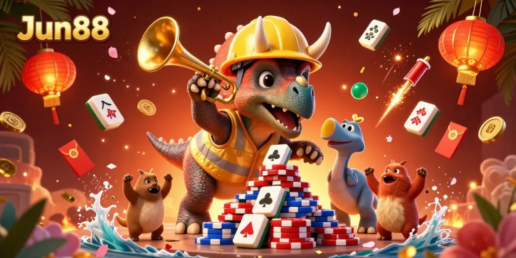 Celebrate Jun88 with a vibrant illustration of a triceratops building poker chip pyramids in a dynamic casino scene.