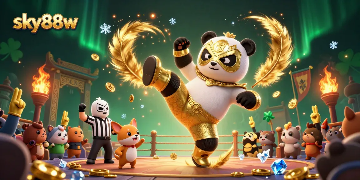 Engage in thrilling action with sky88w at the lively casino scene featuring a panda wrestler!