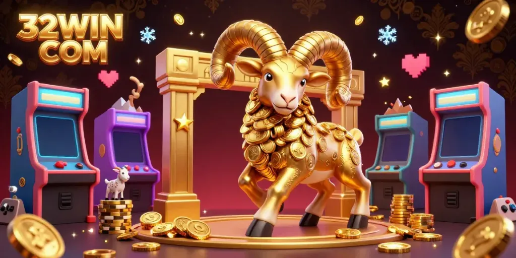 Experience the excitement of 32WIN COM with a vibrant 3D cartoon scene featuring a golden ram amidst glowing gaming elements.