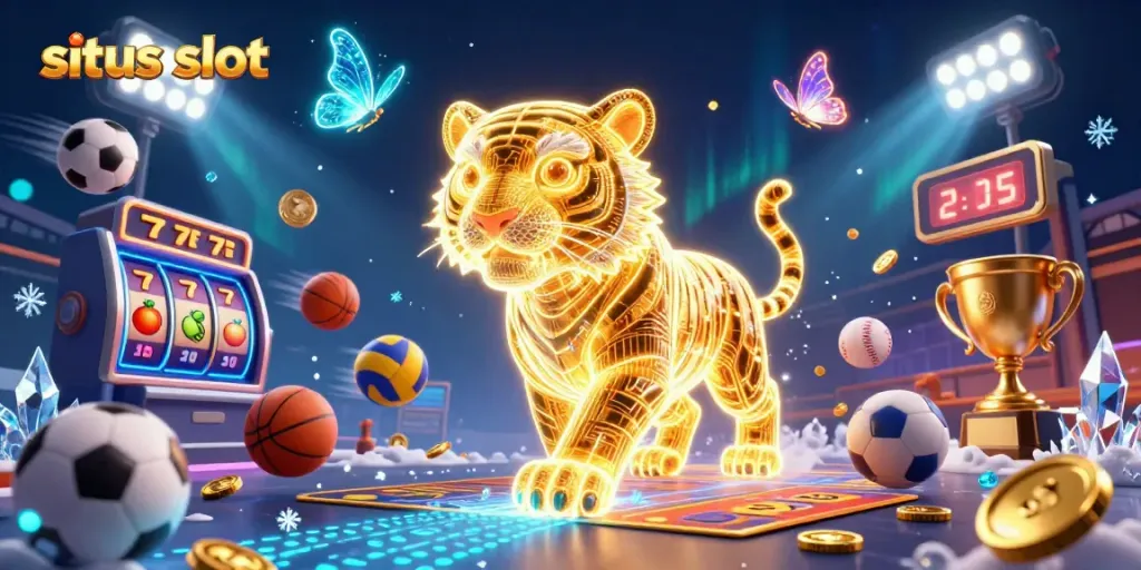 Situs slot illustration featuring a glowing tiger and digital casino elements, enhancing the gaming atmosphere.