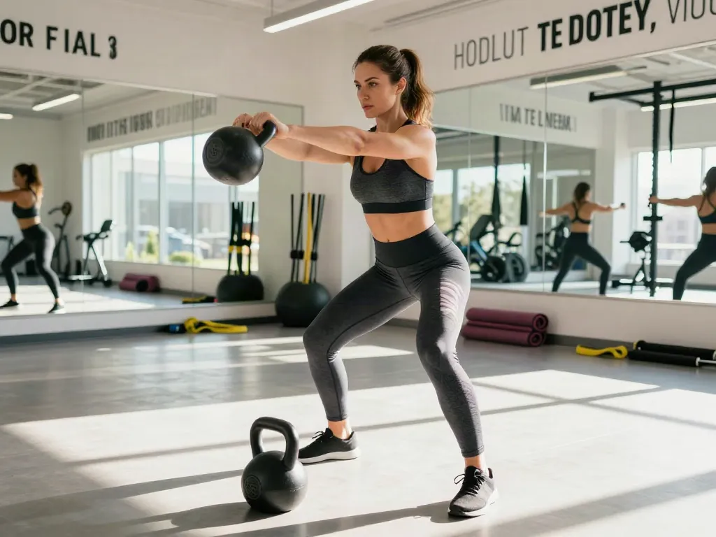 Athletic woman performing a kettlebell swing in a bright gym, highlighting the effectiveness of cargi training.
