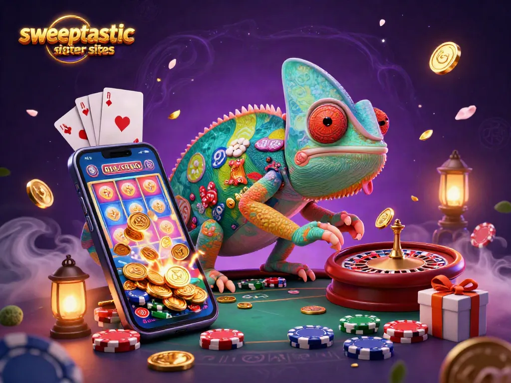 Sweeptastic sister sites showcase vibrant chameleon casino owner surrounded by casino games.