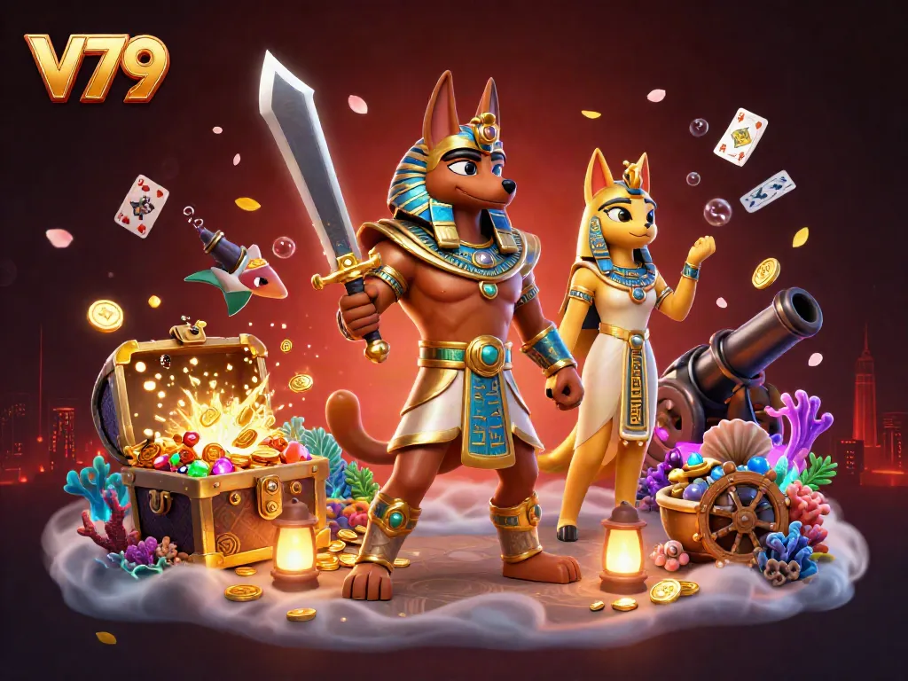 Win big with V79 in this vibrant casino scene featuring Anubis and treasure elements.