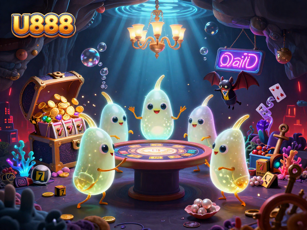 U888 illuminates a vibrant cave casino scene with glowworms and a bat dealer, showcasing thrilling gameplay.