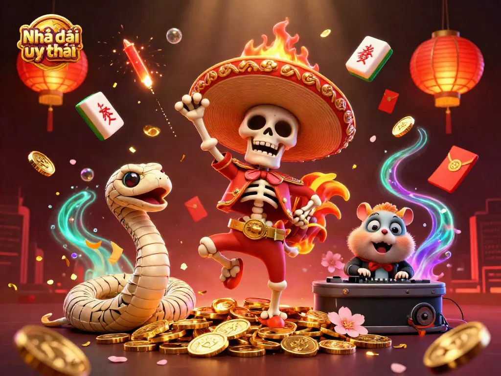 Engage with Nhà cái uy tín in a vibrant casino scene featuring a mariachi rooster and more.