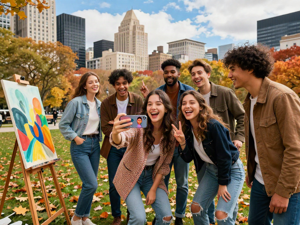 Group of friends taking an attractive test in a city park, enjoying a fun photo session and showcasing diverse styles.
