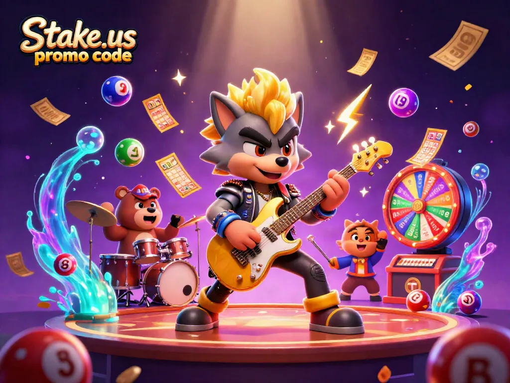 Claim bonuses with stake.us promo code among vibrant lottery elements in a 3D casino scene.