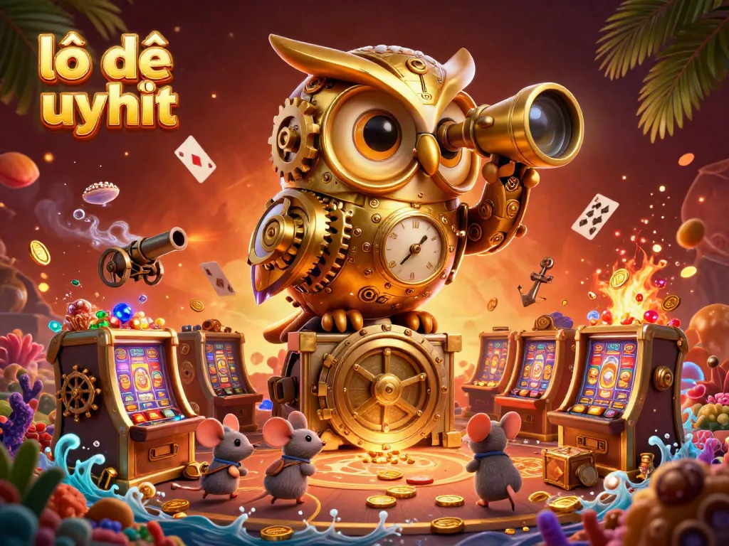 Experience lô đề uy tín with a clockwork owl scanning a vibrant casino scene, filled with treasures and excitement.