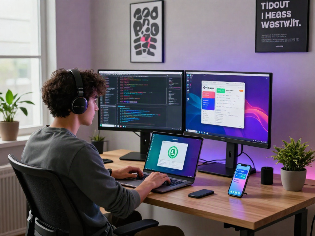 Developer using GB WhatsApp in a modern tech workspace, showcasing productivity and innovation.