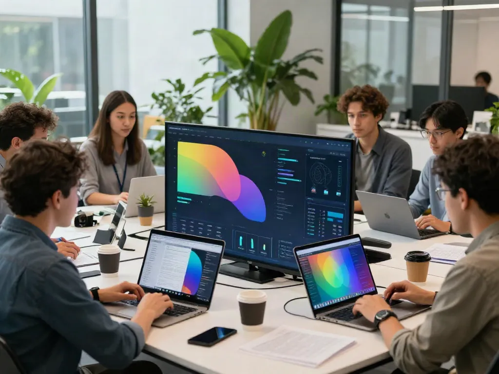 Professionals discussing insurtech news in a collaborative workspace with AI analytics.