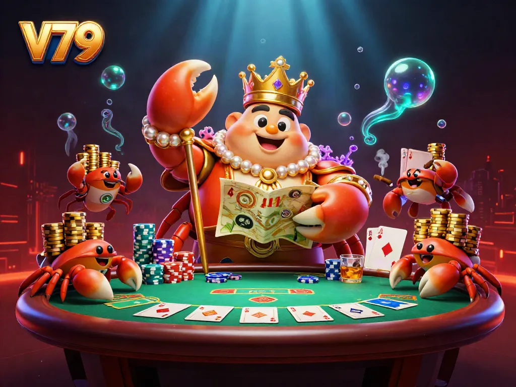 V79 mang đến trải nghiệm giải trí với hình ảnh hoàng đế cua vàng và các con hàu trên bàn poker.