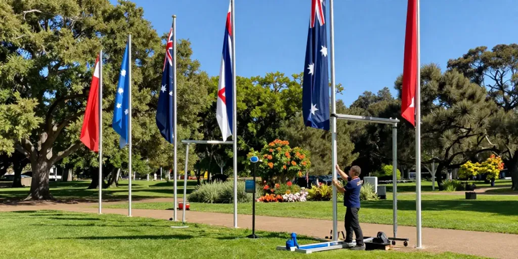 Flag pole kit Australia installation in a vibrant park with colorful flags