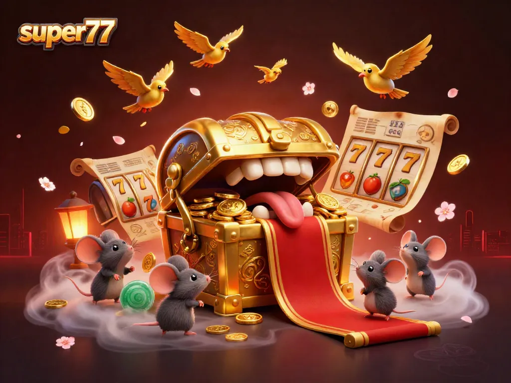 Experience the excitement of super77 with a 3D treasure chest luring players under dramatic lighting.
