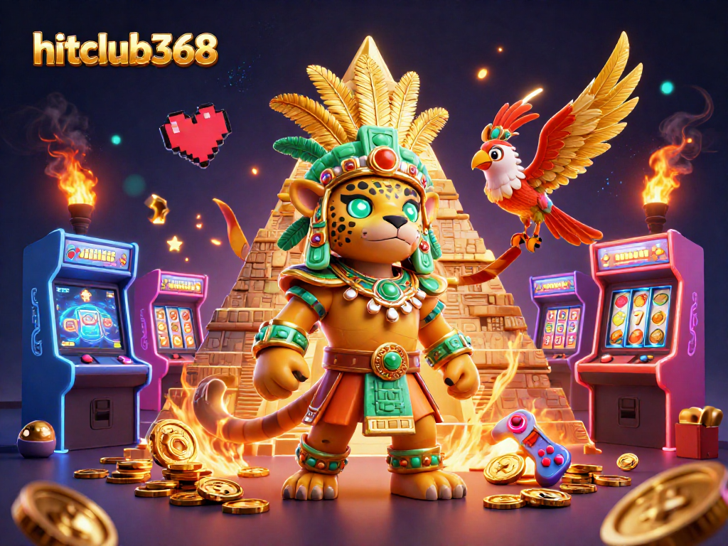 Engage with hitclub368's vibrant gaming scene featuring slot reels, colorful characters, and casino elements.