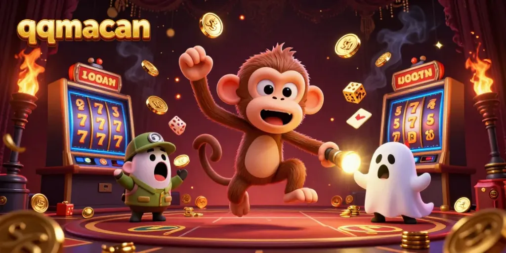 Experience thrill with qqmacan's ghostly monkey juggling golden coins and slots