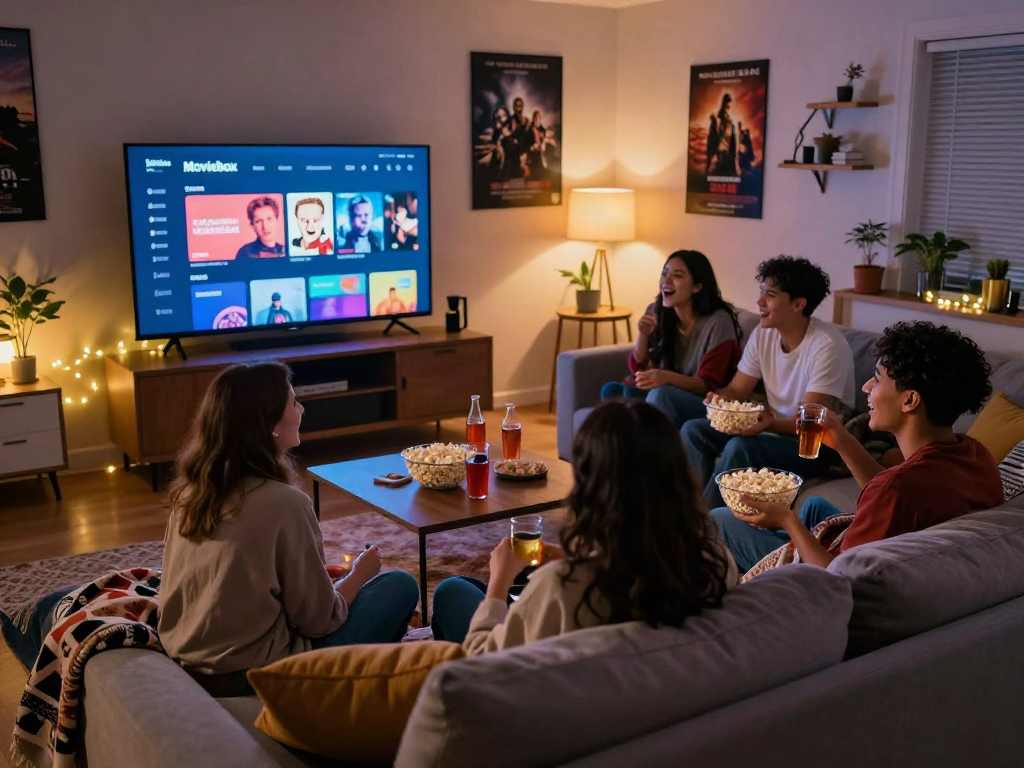 Friends enjoying a movie night using the Moviebox app in a cozy living room setting