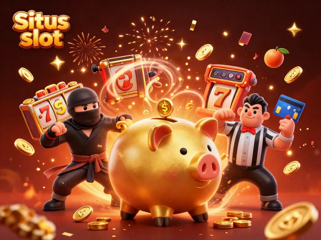 Experience thrilling wins at Situs slot with an extravagant 3D scene of a golden piggy bank sumo wrestler amidst jackpot symbols and energy.