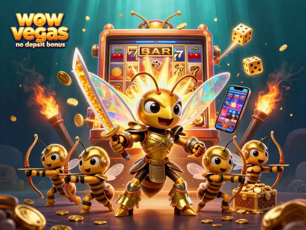 Experience the excitement of wow vegas no deposit bonus with a dynamic 3D scene featuring a golden hornet and slot machines.