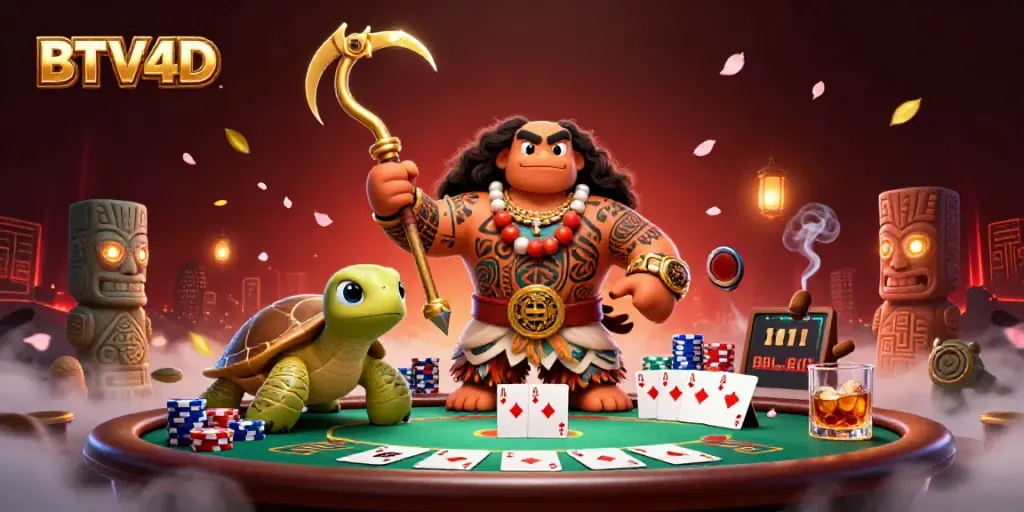 Gambarkan permainan kartu menarik di BTV4D dengan dewa Maui dan penyu Moana di meja poker.