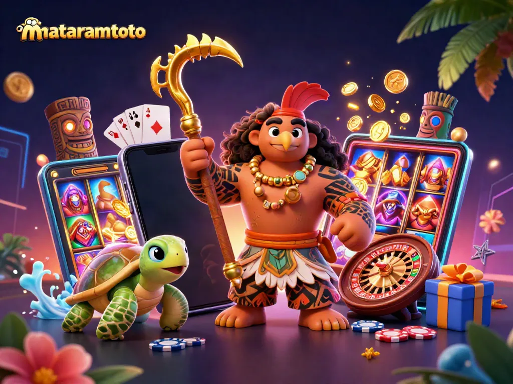 Experience mataramtoto's dynamic gaming scene with a hawk demigod, slot games, and vibrant casino elements.