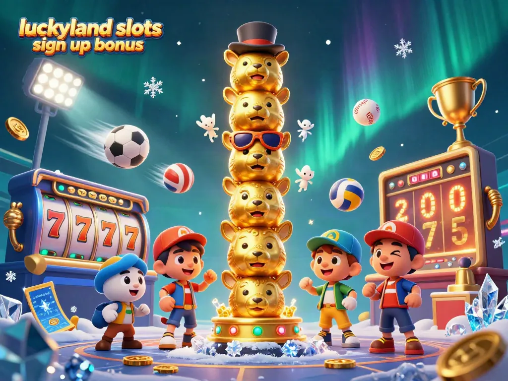Claim the luckyland slots sign up bonus with a colorful casino illustration featuring engaging slot themes.