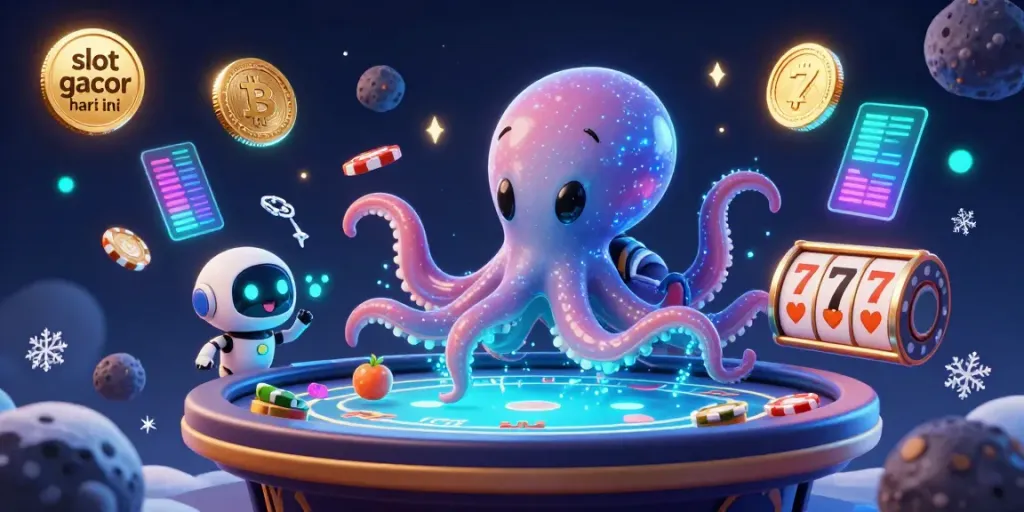 Experience the excitement of slot gacor hari ini with a playful alien octopus running a dynamic holographic poker table amid swirling cryptocurrency coins.