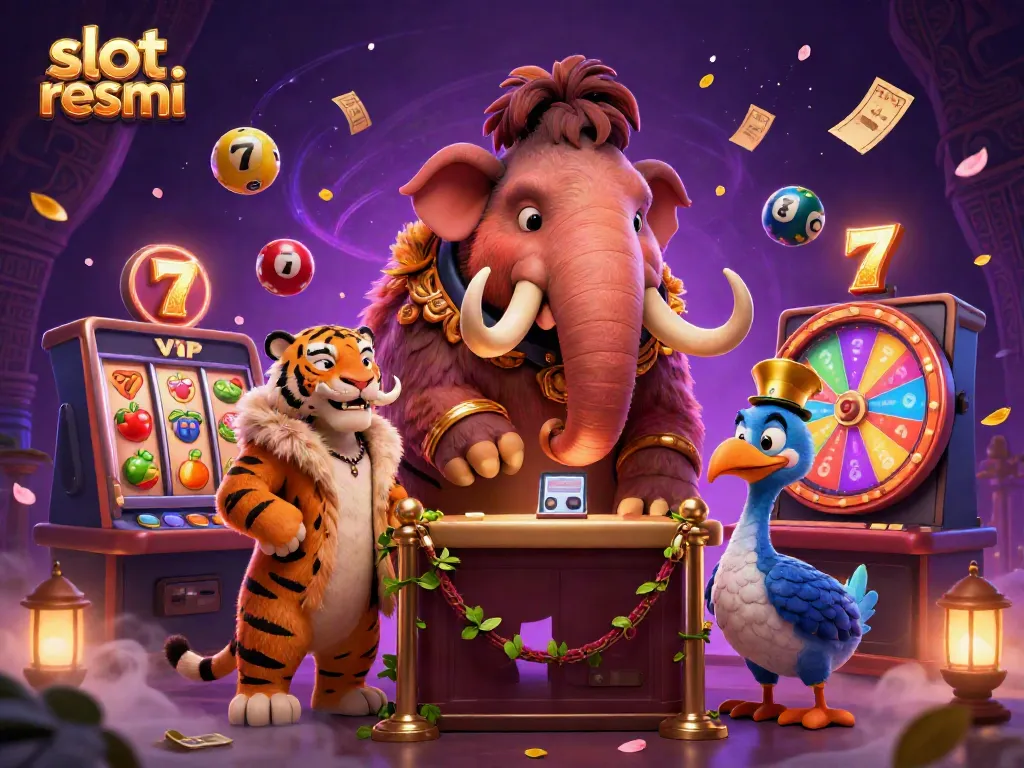 Engage with slot resmi at an exciting casino scene featuring a woolly mammoth bouncer and dynamic slot elements.