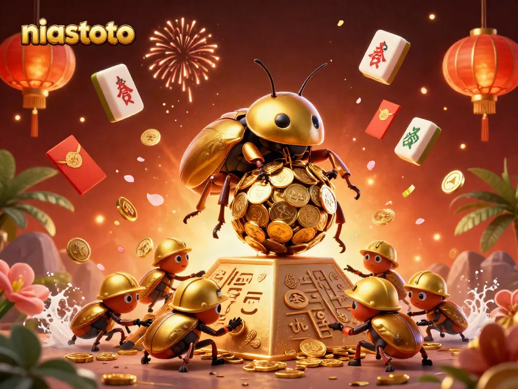 Experience the thrill of niastoto gaming with golden beetles rolling coins amidst vibrant casino elements.