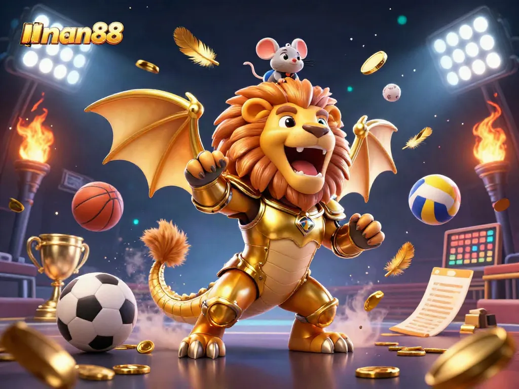 Win big at man88 with a thrilling 3D casino scene featuring sports betting action and golden trophies.