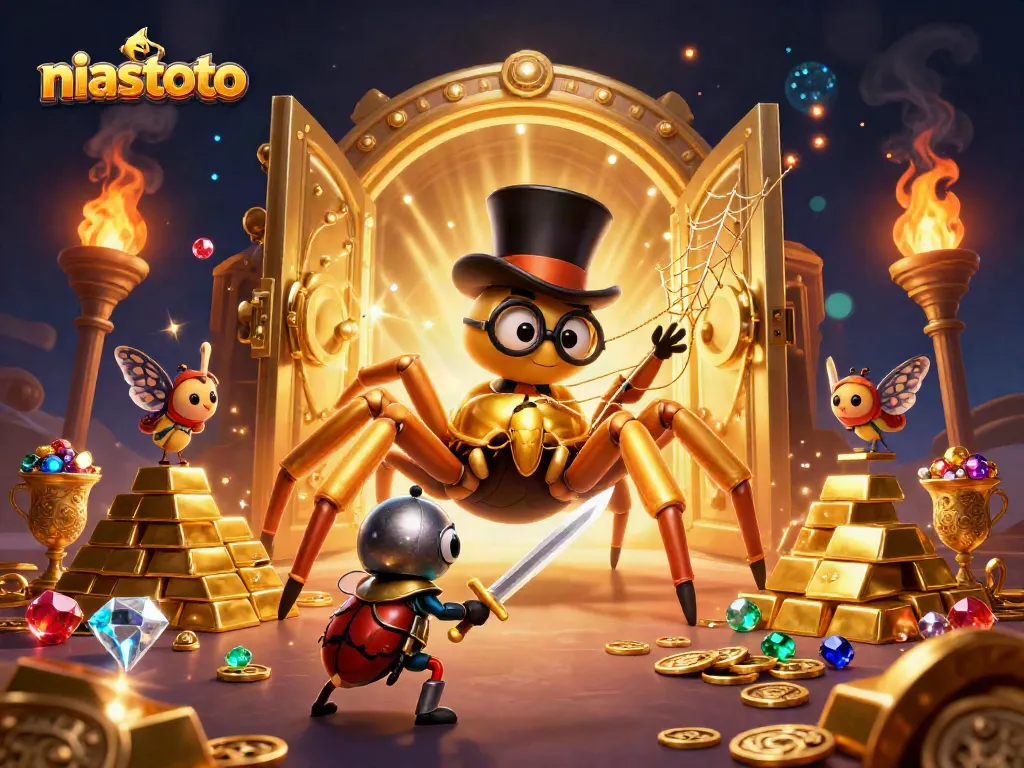 Engage with the niastoto adventure featuring a golden tarantula and a beetle knight amid casino treasures.