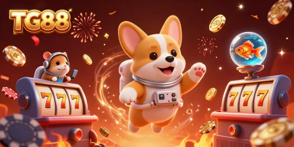 Engage in fun casino adventures with TG88's vibrant 3D space illustration featuring an astronaut corgi and floating jackpots.