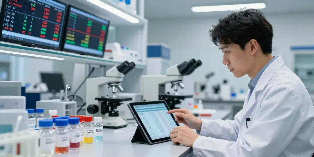 Scientist analyzing peptide price comparison data in a modern laboratory.