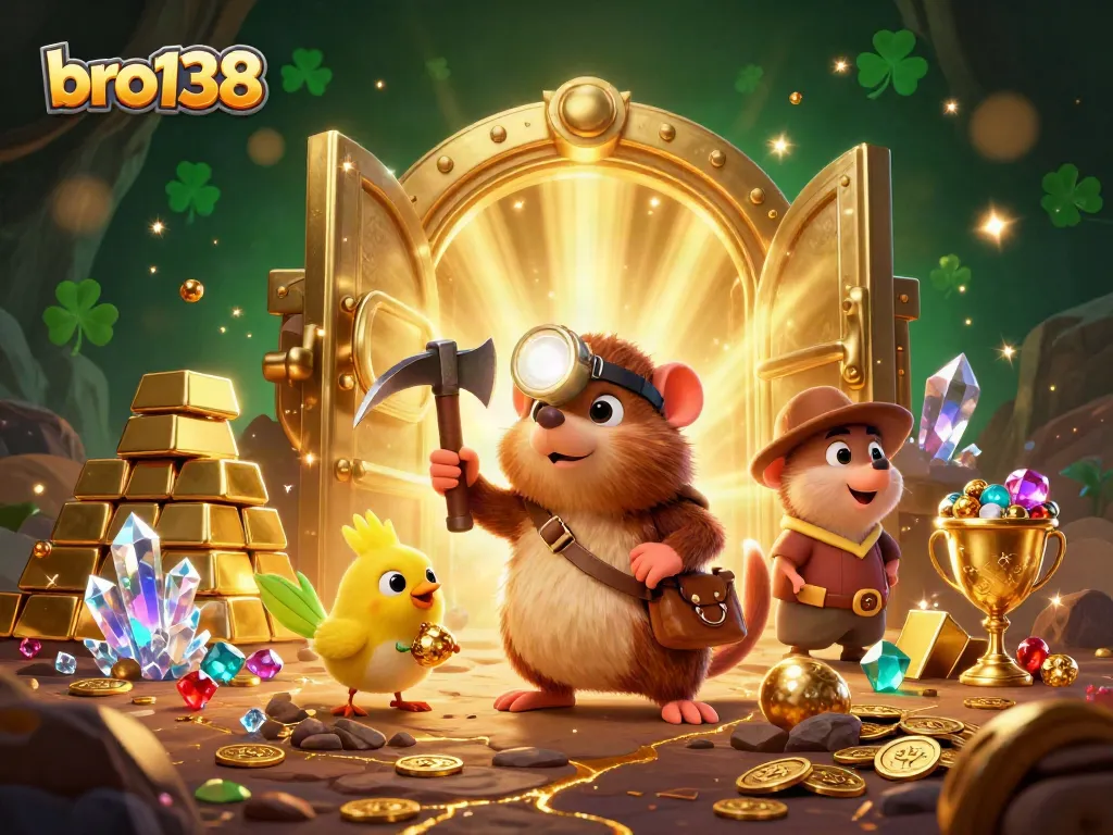 Spin and win at bro138 with a treasure hunter mole and dazzling gems in a vibrant casino scene.