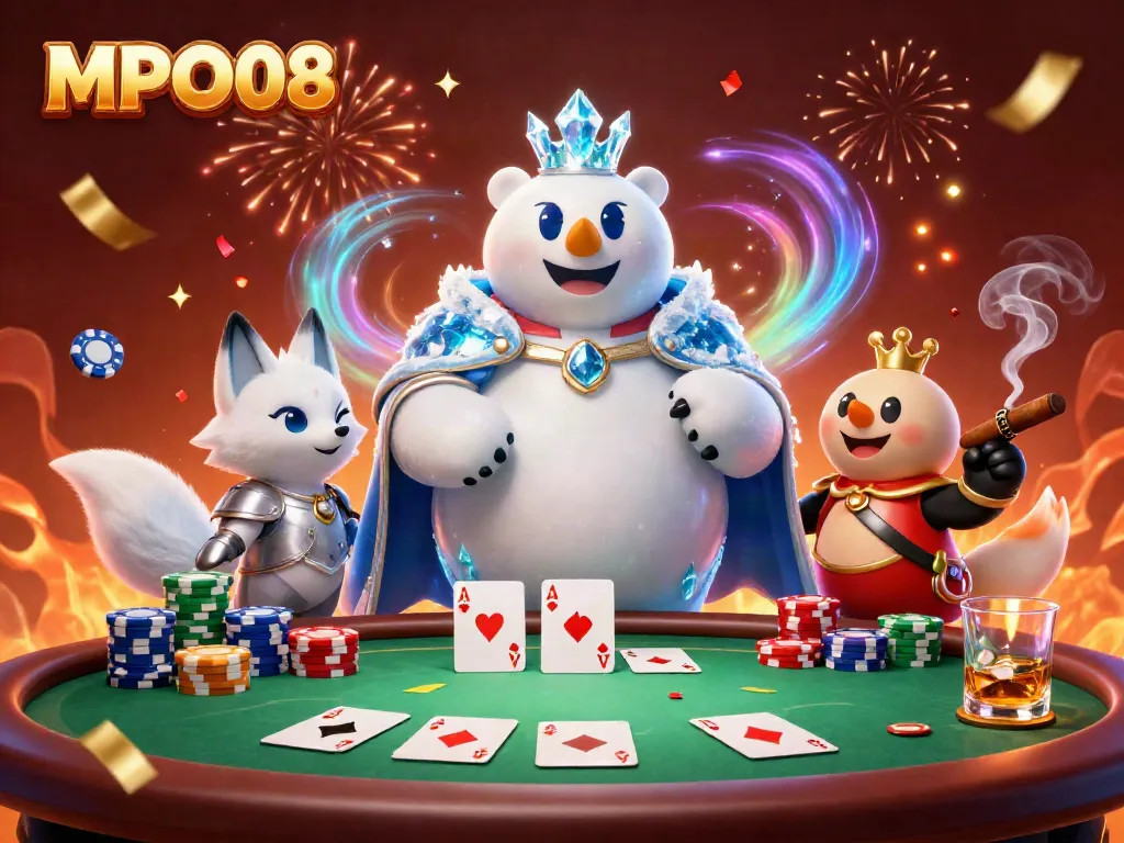 Experience thrilling games at MPO08 with an ice king and fox in a festive casino scene.