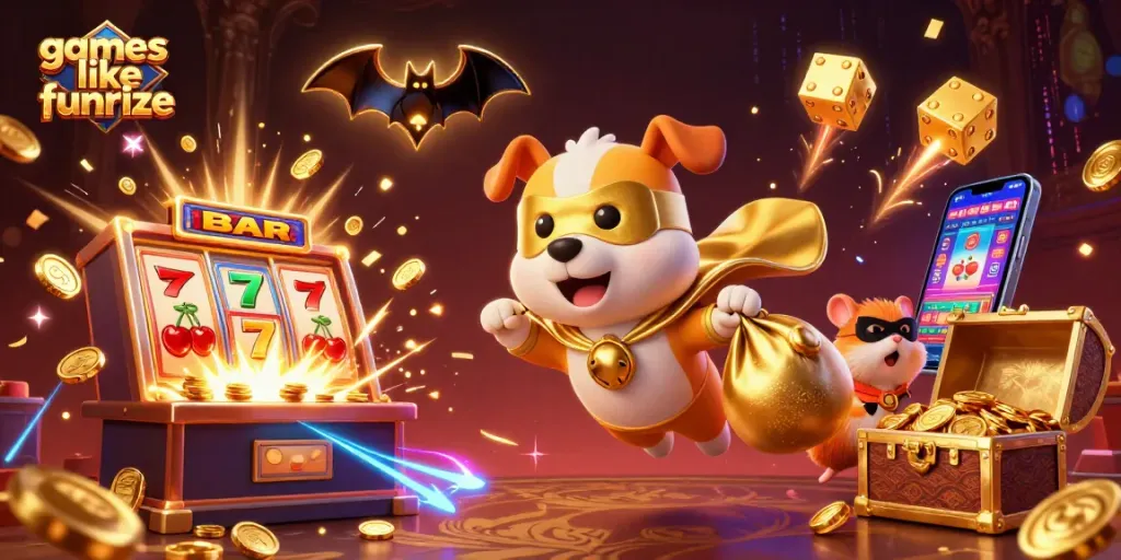 Play engaging games like Funrize with our colorful casino-themed illustration featuring exciting characters.