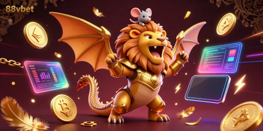 Engage with the thrilling 88vbet experience in this dynamic 3D casino illustration featuring iconic gaming elements.