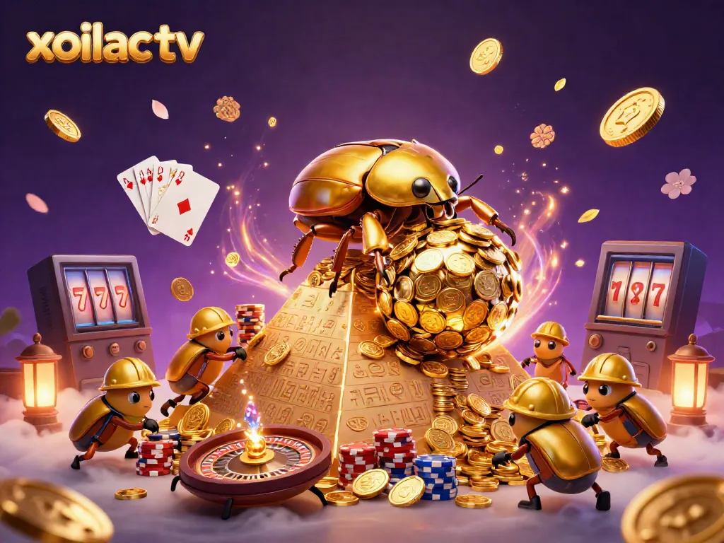 Xoilac TV showcases an exciting live betting atmosphere with animated golden beetles rolling coins and casino elements