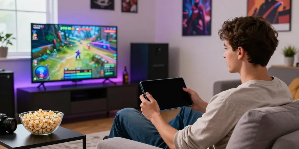 Exciting psgslot gaming scene with a player enjoying a mobile game in a cozy atmosphere.
