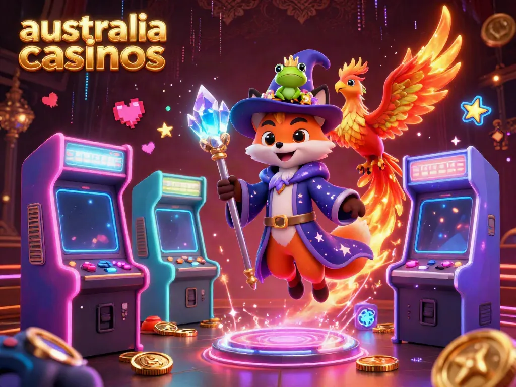 A whimsical casino scene showcasing vibrant gaming elements and a wizard fox, embodying the essence of australia casinos.
