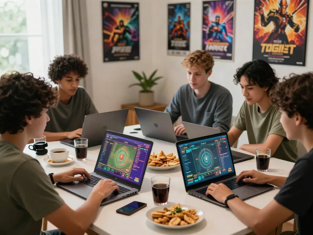 Friends enjoying a togel online game night with laptops and snacks.