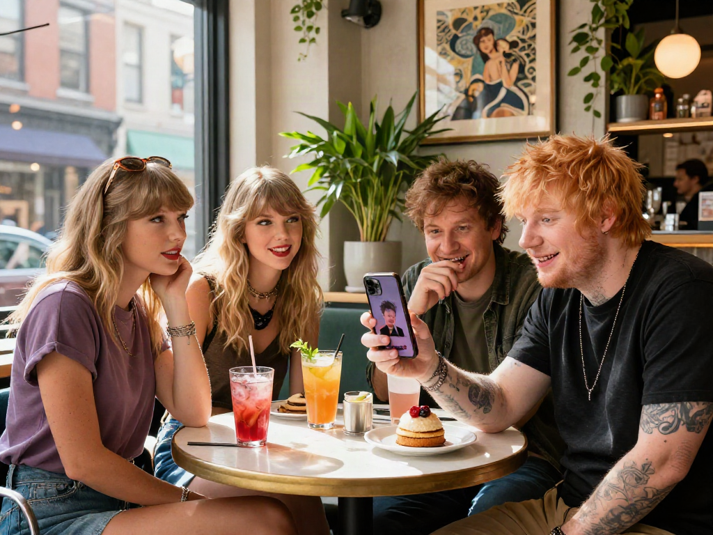 Look alikes of famous people enjoying a café moment, comparing their features.