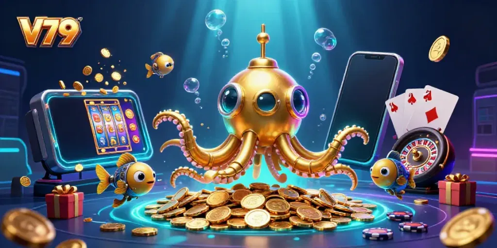 Experience the thrilling V79 casino with a kraken-submarine, gambling elements, and vivid underwater lighting.