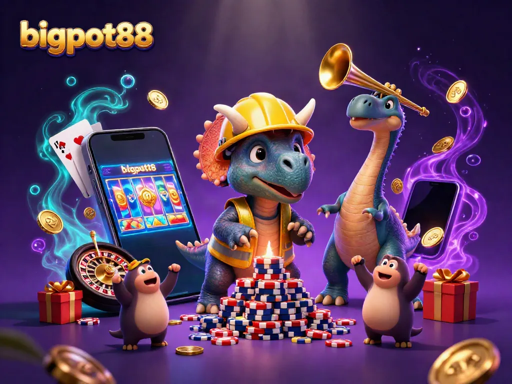 Engage with bigpot88 through a vibrant casino scene featuring a triceratops building poker chips.