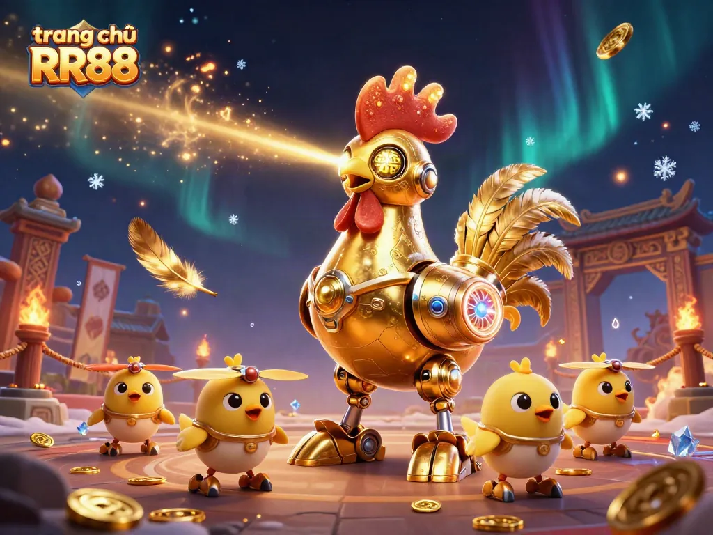 Engage in thrilling gameplay at trang chủ RR88 with the golden rooster robot leading a vibrant casino adventure.
